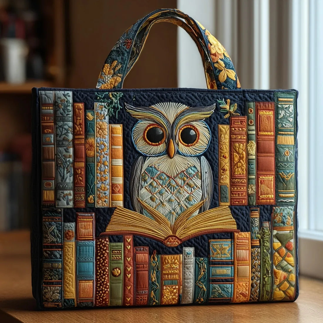 Handgefertigte Tasche – Eule und Vintage-Bücher