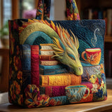 Handgefertigte Tasche – Lesender Drache mit Büchern und Tassen