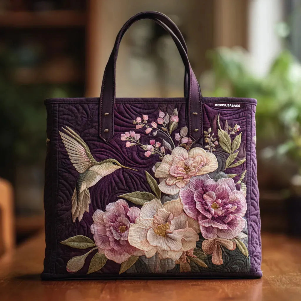 Handgefertigte wattierte Tasche – Kolibris und Orchideen