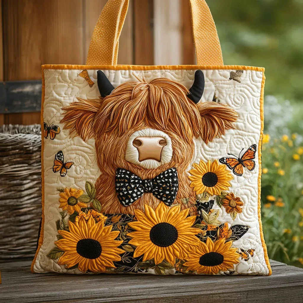 Wattierte Tasche – Hochlandrind mit Sonnenblumen
