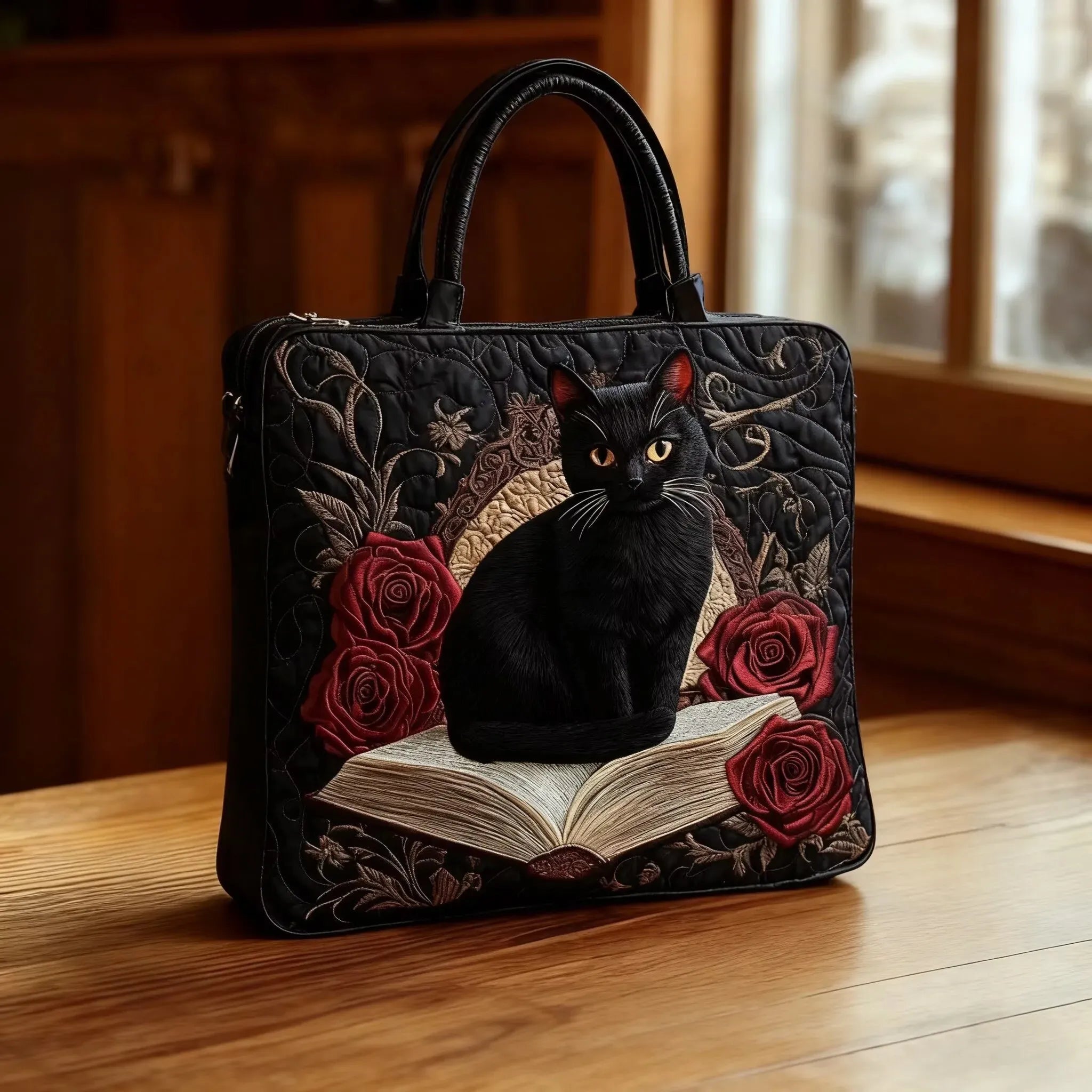 Handgefertigte wattierte Tasche – Schwarze Katze auf Büchern