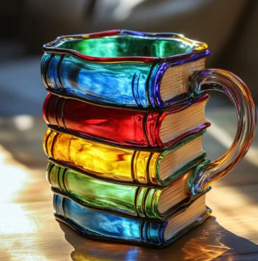 Handgefertigte farbige Tasse im Bücherdesign