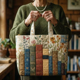 Handgefertigte wattierte Tasche – Bücher und Blumen